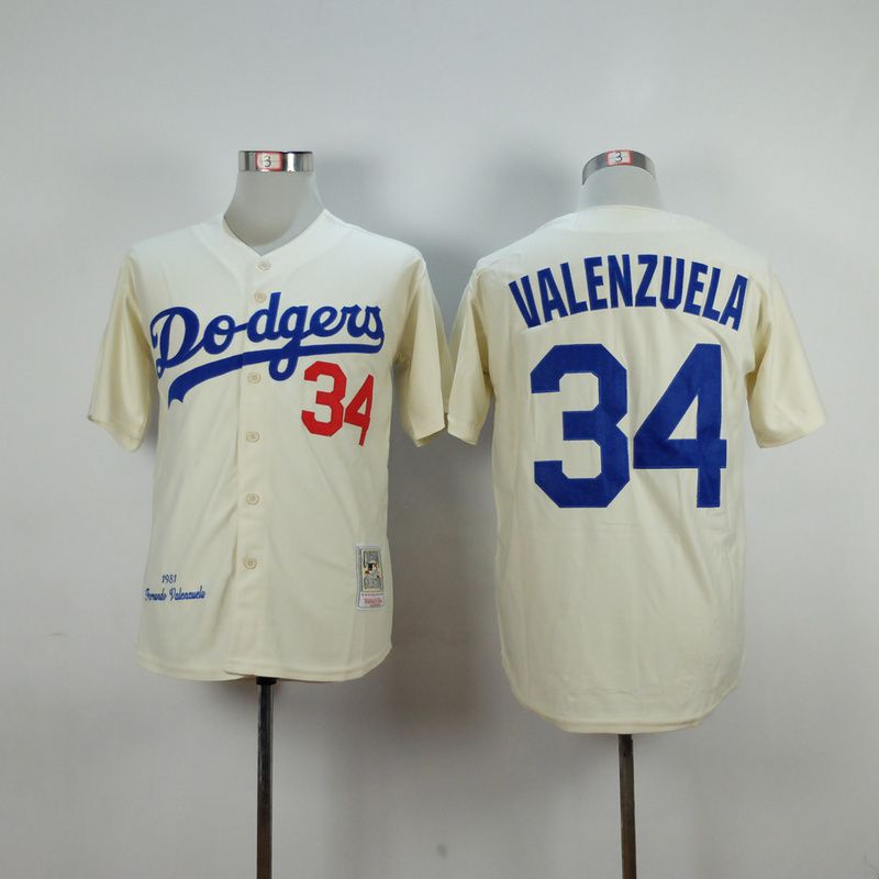 Men Los Angeles Dodgers 34 Valenzuela Cream Throwback MLB Jerseys